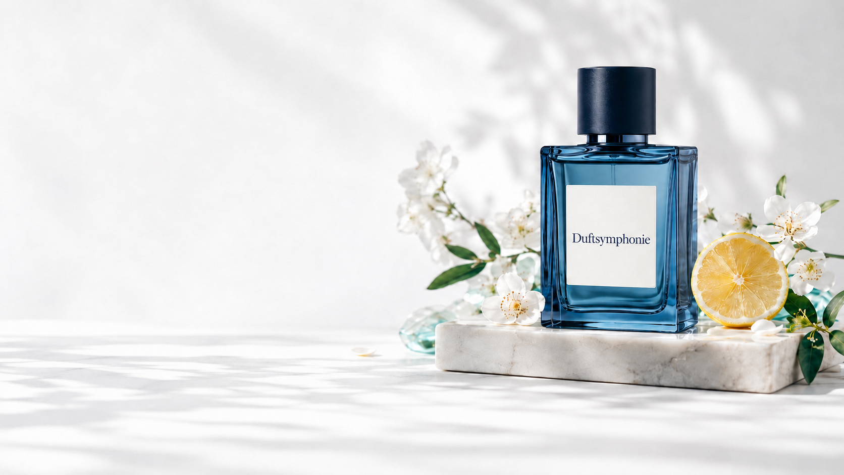 Blauer Duftsymphonie-Flakon mit weißen Blüten und Zitrone