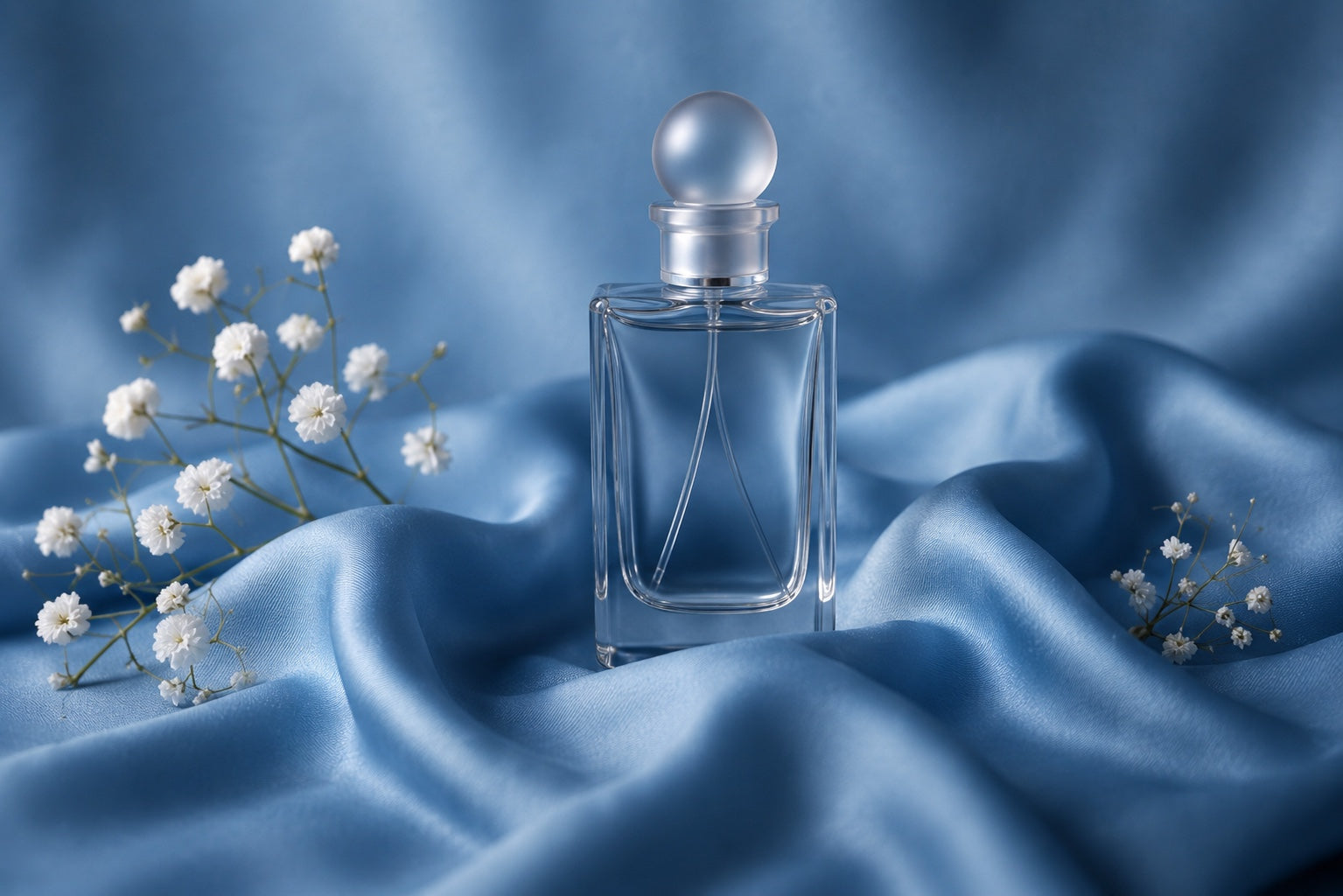 Blauer Parfumflakon auf schimmerndem Stoff mit weißen Blüten
